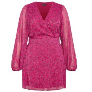City Chic Dark Pink Floral Mini Dress Plus Size 16 Faux Wrap Sheer Sleeves NWT